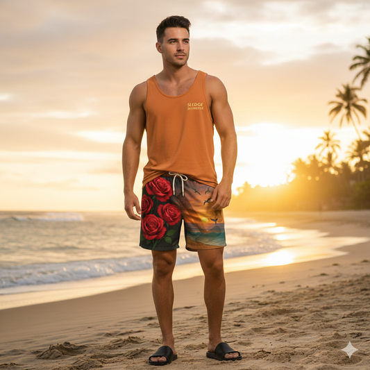 Men's Artistic Swim Shorts - Roses & Sunset Design