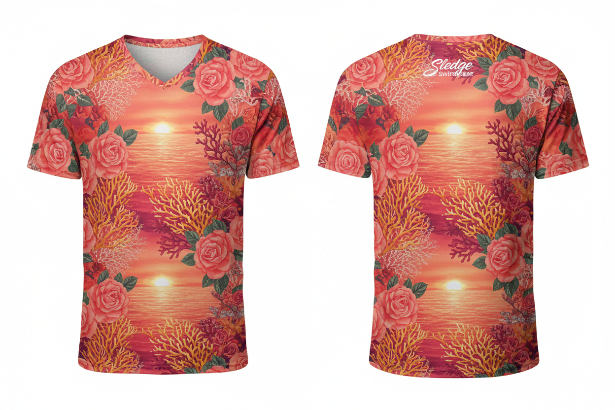Coral paradise v-neck front and back