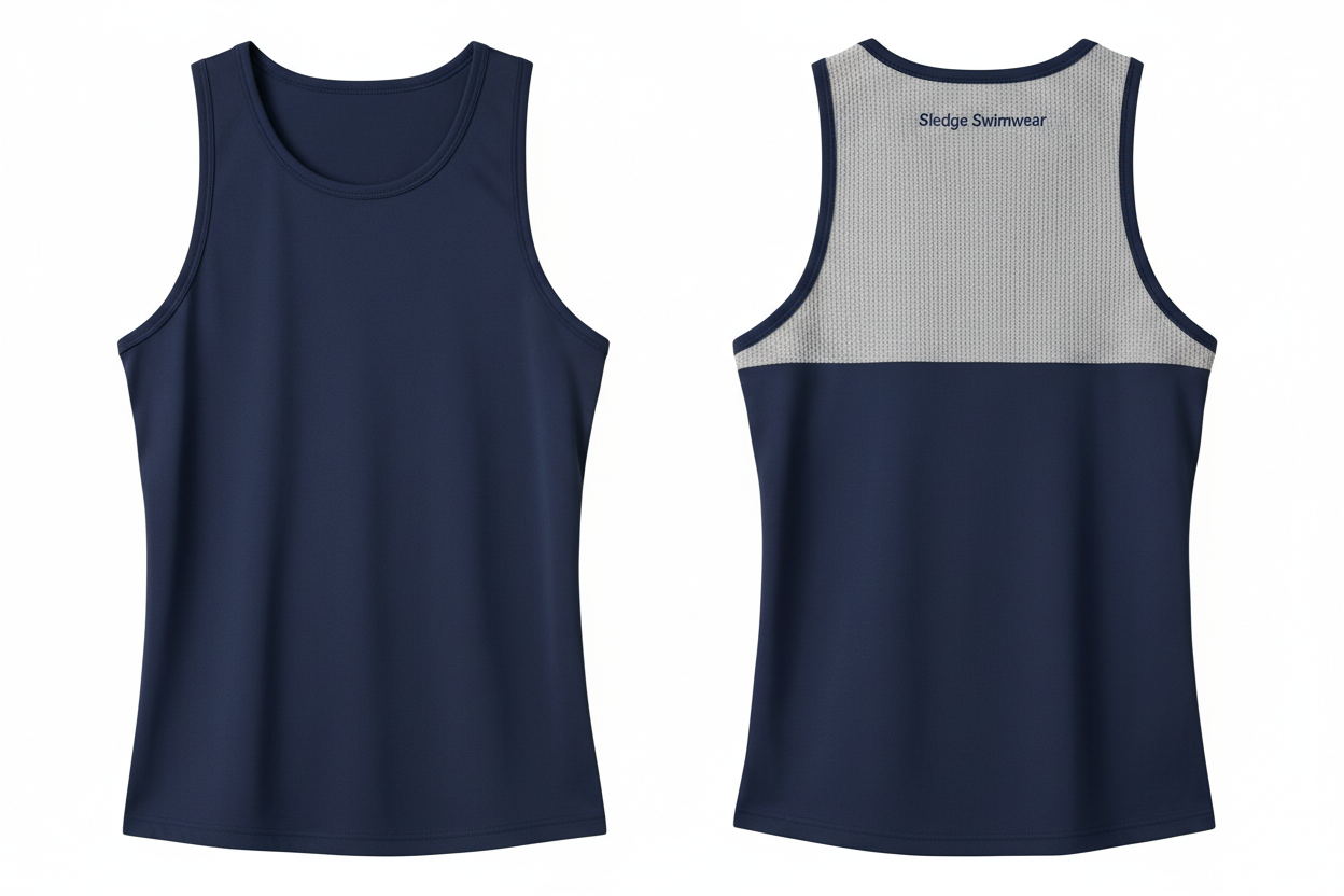 Navy tank with light gray waffle-knit back