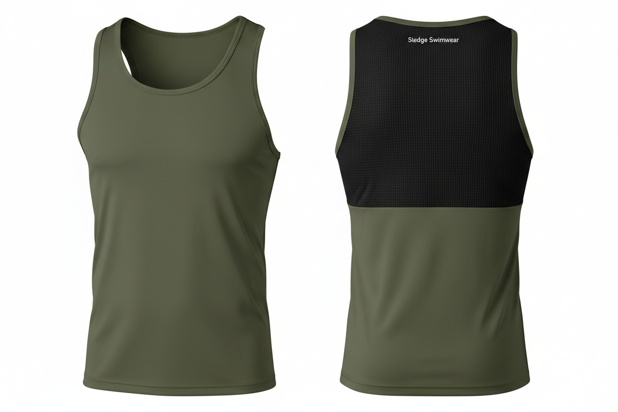 Olive tank with black waffle-knit back